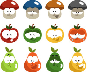 Emotional fruit and vegetables, illustration, vector on white background.