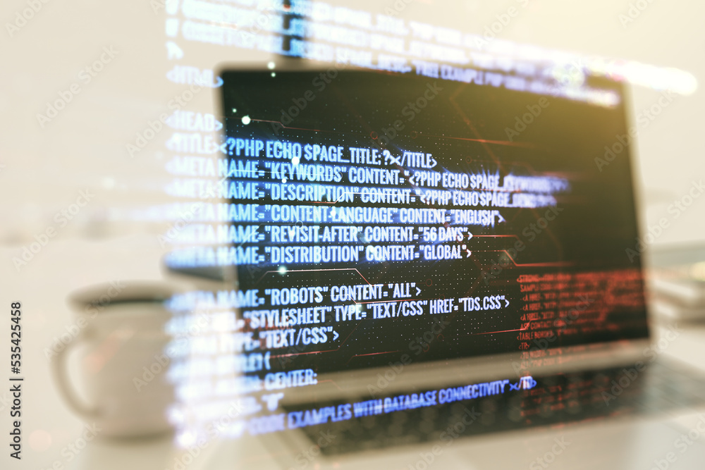 Poster double exposure of abstract programming language on laptop background, research and development conc