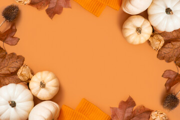 Frame from pumpkins and autumn leaves. Autumn theme mock up for text
