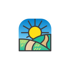 Grassland and sunrise filled outline icon