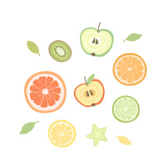 Fruit illustration. Fruit halves and pieces orange,lemon,apple,kiwi.Vector fruits for print, cards, prints, menus, web.
