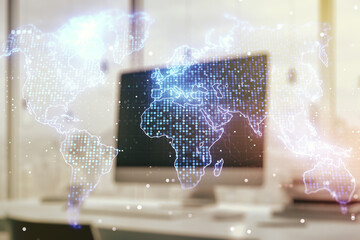 Multi exposure of abstract creative digital world map on laptop background, research and analytics concept