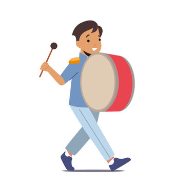 Musician Boy Character Walking With March Playing Drum Isolated On White Background. Military Orchestra Play Instrument