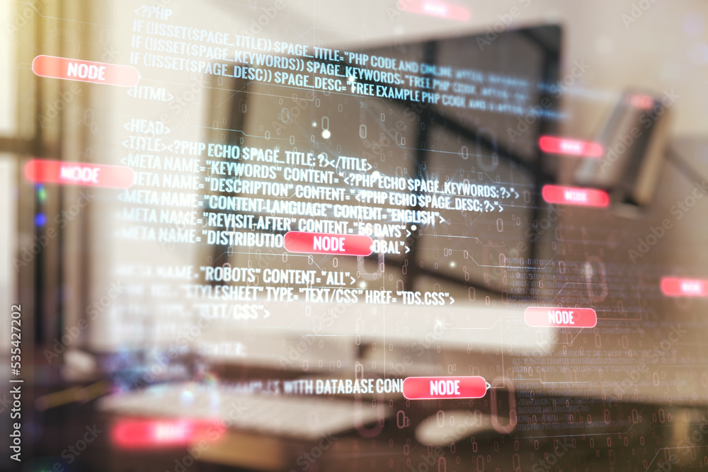 Poster double exposure of abstract creative programming illustration on computer background, big data and b