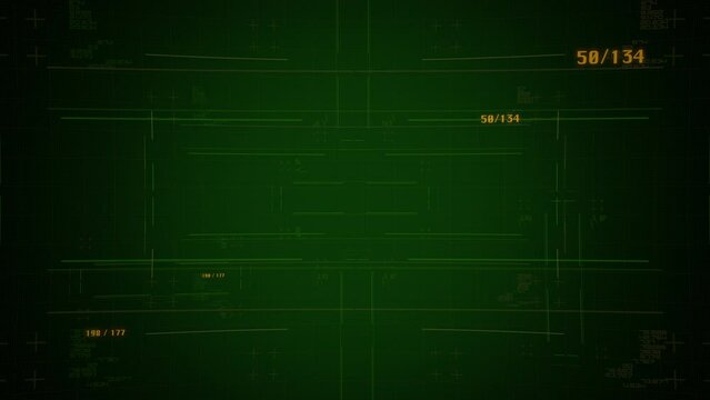 Computer screen with grid and HUD elements, motion abstract futuristic and cyberpunk style background