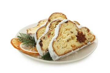 Stollen, tasty German dessert, isolated on white background