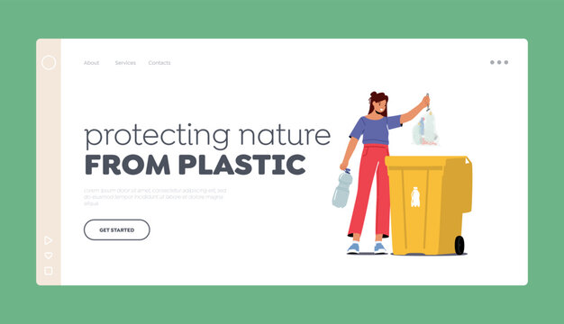 Plastic Reuse, Recycling Solution Landing Page Template. Female Character Throw Trash into Litter Bin Container