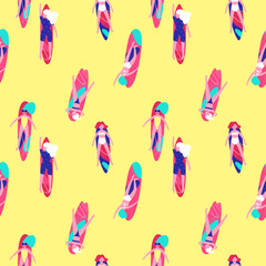 Seamless pattern for summer women's clothing with girls floating on surfboards. Women relax on vacation at the sea or ocean and sunbathe. Flat vector illustration.