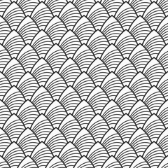 Fish, dragon, snake scales seamless vector pattern. Repeated black curves, isolated on white background. Regular ornament. Black and white vector pattern.