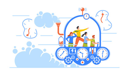 Business Characters Team Flying In Time Machine With Leader Pointing Ahead. People Going To The Future Or Past