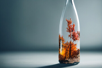 Wallpaper background, transparent bottle with autumn tree, digital art