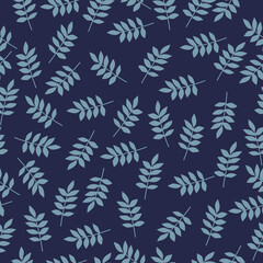 Fototapeta na wymiar Seamless vintage pattern. light blue plants leaves. dark blue background. vector texture. fashionable print for textiles, wallpaper and packaging.