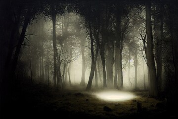 Evanescent atmosphere in the woods wrapped in mist. High quality illustration