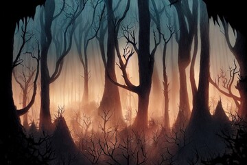 Panorama of Foggy forest. Fairy tale spooky looking woods in a misty sunrise. Cold foggy morning in horror forest. High quality illustration