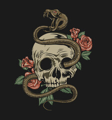 snake coiled round the human skull and roses. Angry dangerous serpent and flowers . Tattoo style or t-shirt design vector illustration
