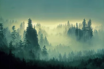 Crédence en verre imprimé Forêt dans le brouillard Illustration de paysage forestier brumeux. Illustration de haute qualité