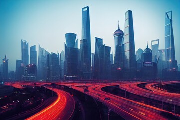 Fototapeta premium Conceptual Ai Generated Image modern city skyline,traffic and cityscape in Shanghai,China.Futuristic business vision concept.. High quality illustration
