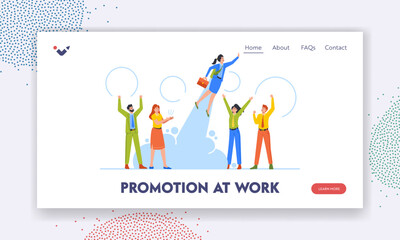 Promotion at Work Landing Page Template. Businesswoman Takes Off with Jet Pack. Great Start, Career Boost or Fast Growth