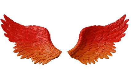 Metallic red-orange wings under white lighting background. Concept 3D CG of free activity, decision without regret and strategic action. PNG file format.