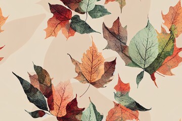 Eco print from autumn leaves. Seamless floral pattern in leaves of ash, birch. illustration. Cute colorful background.. High quality illustration