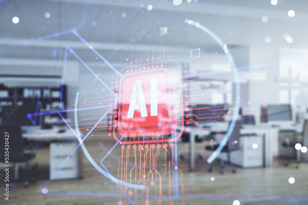 Aufkleber double exposure of creative artificial intelligence icon on modern corporate office background. neur