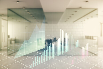 Multi exposure of virtual creative financial chart hologram on modern corporate office background, research and analytics concept
