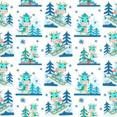 Seamless pattern with cute little dragons sledding down a slide, skating on ice and decorating a Christmas tree. Winter New Year background for packaging, wallpaper and children's design