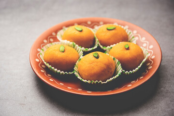 Besan Peda,pedha, pera. Popular Indian mithai prepared using gram flour, Ghee, Sugar, Milk