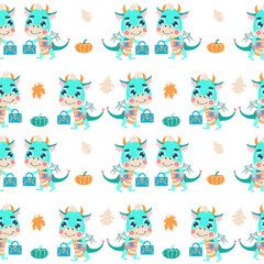 Seamless pattern with cute little dragons walking about the autumn street. Background for packaging, wallpaper, and children's design
