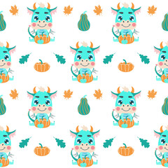 Seamless pattern with cute little green dragon holding pumpkin and autumn leaves. background for packaging, wallpaper, and design for children.