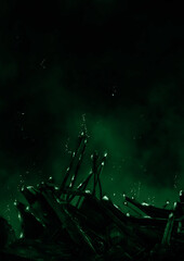 Obraz na płótnie Canvas 夜に燃え上がる戦場の壊れた建物と炎の緑のイラスト