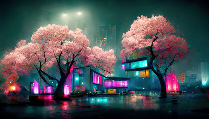 Naklejka premium Fantasy Japanese night view city citycape, neon light, residential skyscraper buildings, pink cherry sakura tree. Night urban anime fantasy.