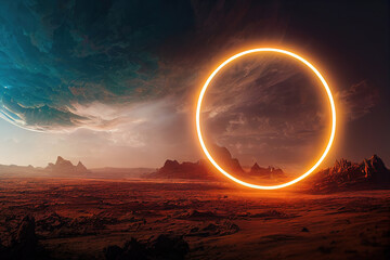 Big orange neon circle portal above planet abstract art scene night fantasy landscape