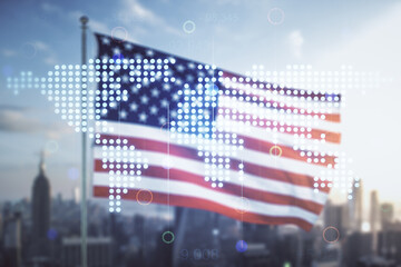 Multi exposure of abstract creative digital world map hologram on USA flag and blurry skyscrapers background, research and analytics concept