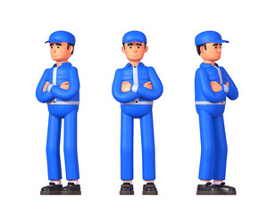 3d render of worker, courier or postman in blue uniform confident, posing with arms crossed on chest