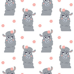 Vector seamless pattern with funny cartoon heads of alpacas. Cute coquettish lama with flowers. Childish animal character wallpaper.