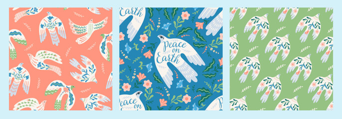 Doves of peace. Vector seamless patterns. Backgrounds for paper, packaging, wallpaper, fabric and other