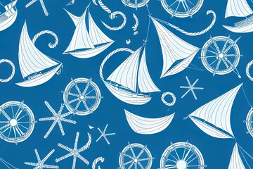 Nautical seamless pattern. . Marine, sea backgrounds with sailboat, anchor, wheel, and waves. Set summer texture. Geometric blue print for baby shower, scrapbooking. Color illustration. High quality