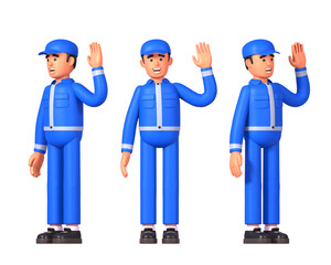 3d render of worker, courier or postman in blue uniform showing greeting gesture, waving hand