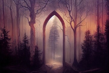 into the deep woods, atmospheric landscape with archway and ancient trees, misty and foggy mood. High quality illustration