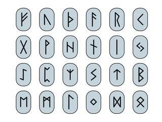 Set of Runes. Complete collection of Rune alphabet, futhark. Writing ancient Germans. Vector Mystical symbols. 
Esoteric, occult, magic illustration for Tattoos.
