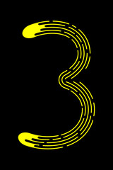 Number 3 from yellow dotted lines isolated on black background. Design element