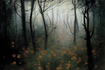 Obraz premium Dark forest in autumn fog. High quality illustration