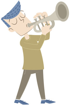 recommend clip art: Boy playing the trumpet. Retro style illustration of a little boy playing the trumpet.