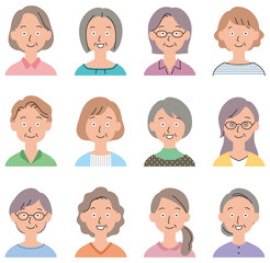 中年女性　顔　アイコン　セット