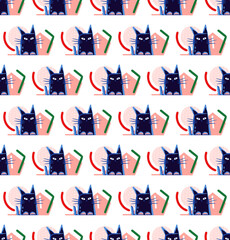 Funny black cats, seamless pattern, vector colorful, humorous, for children and adults