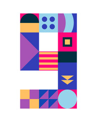 Number 9 from multicolored geometric shapes, cubes isolated on white. Neo geo