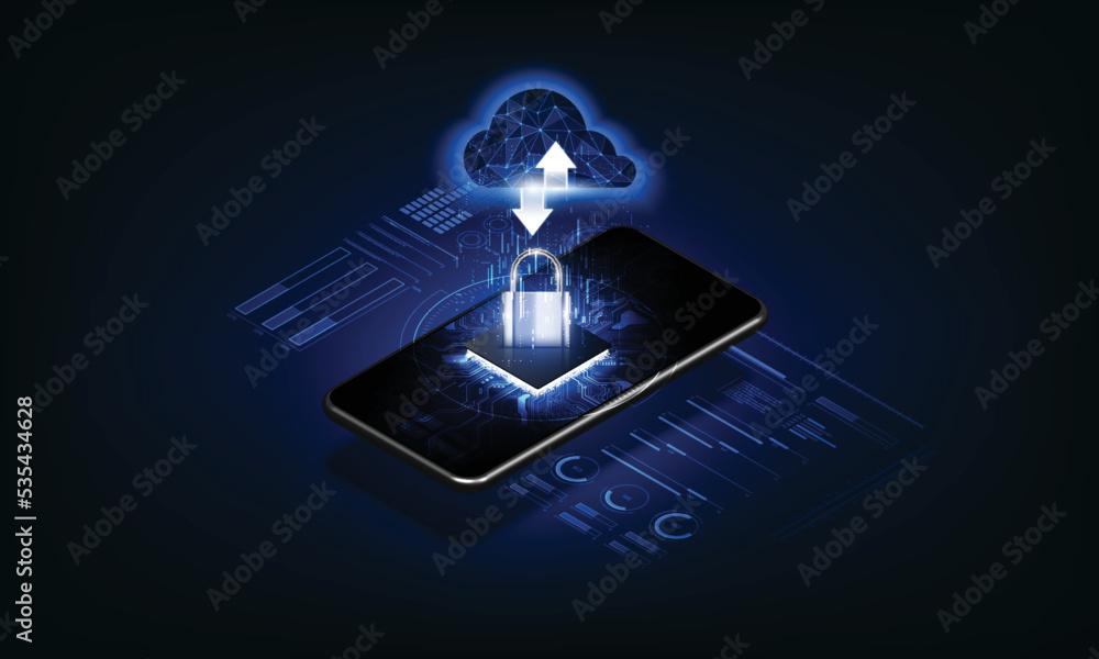 Poster cloud computing concept. data protected exchange on smart phone or other mobile device and online st