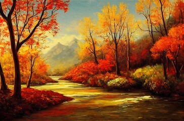 Original oil painting of beautifl autumn landscape, forest,mountains and river on canvas.Modern Impressionism, modernism,marinism. High quality illustration