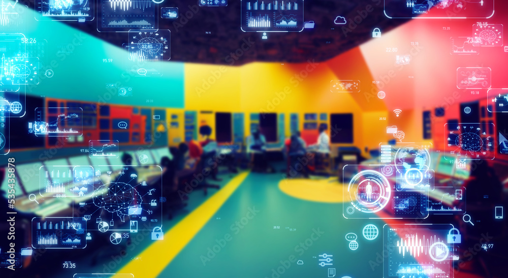Poster group of people in control room and digital data concept.
